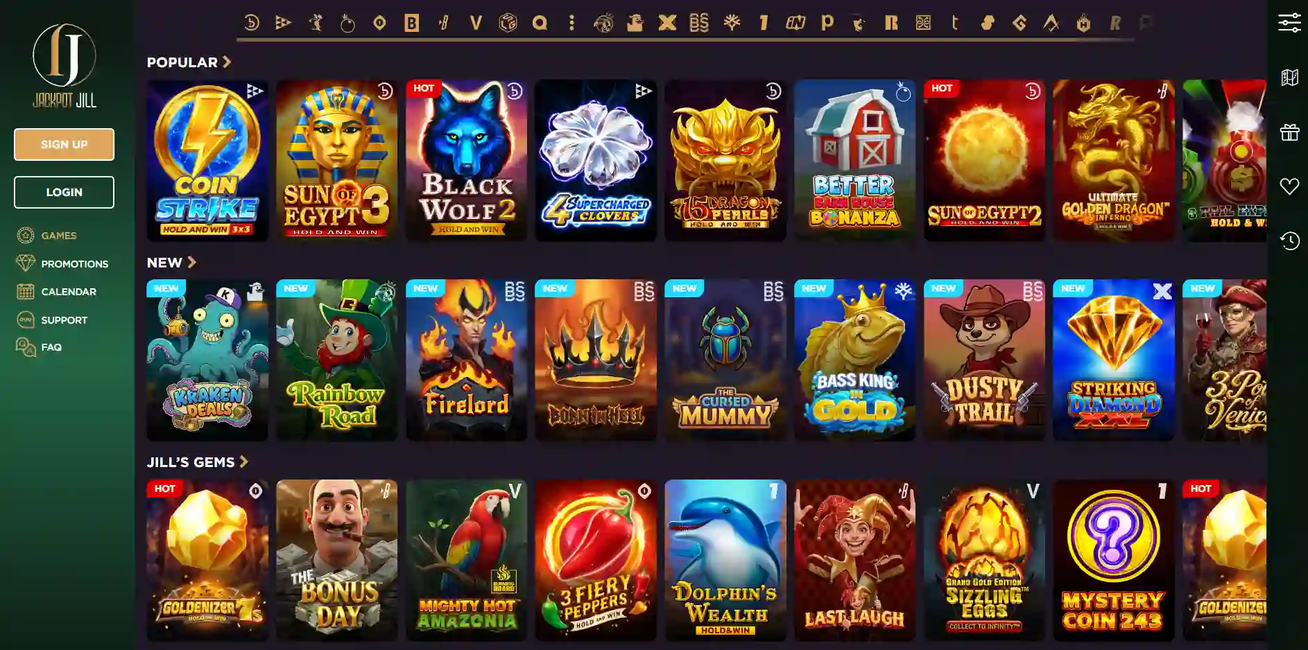 Jackpot Jill browser game lobby showing casino categories including slots and live casino