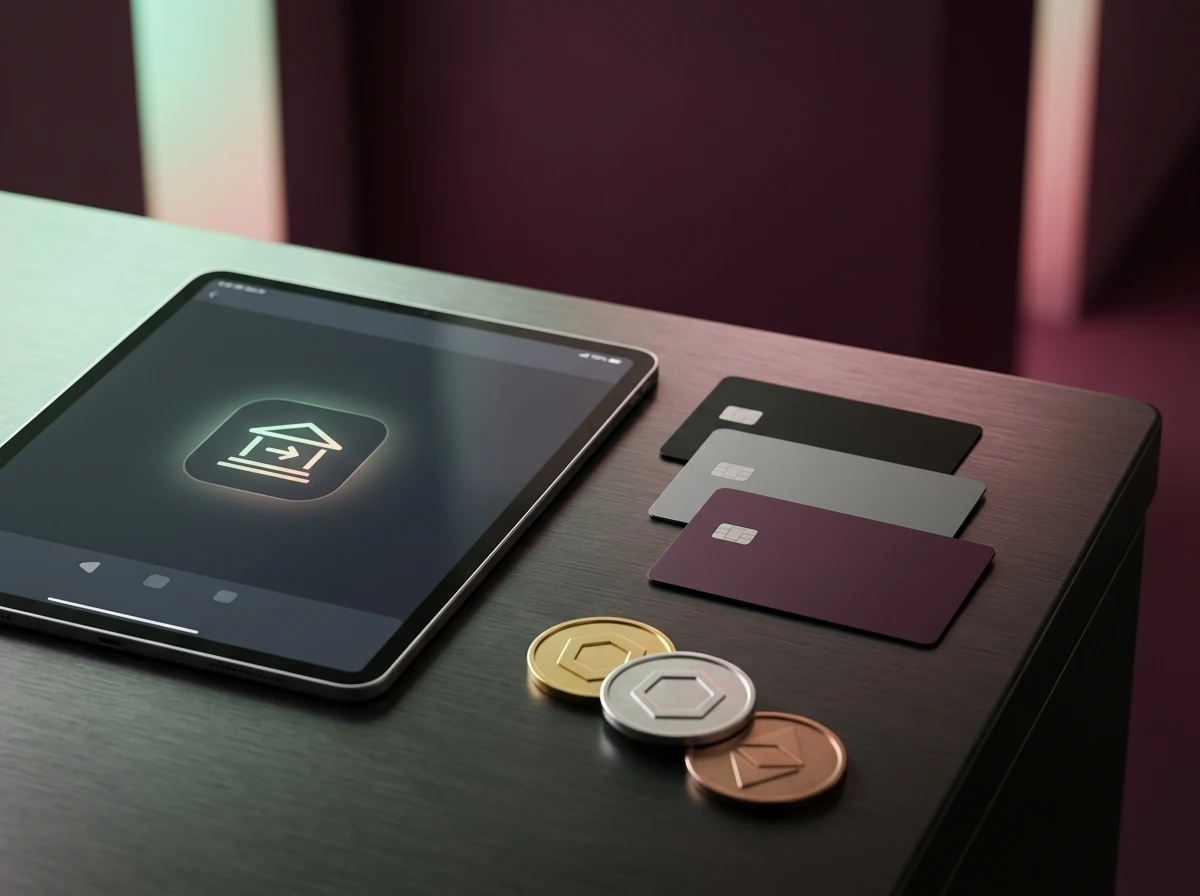 Generic payment cards, a bank transfer symbol and abstract cryptocurrency tokens arranged on a desk