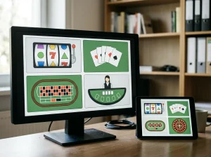 Abstract casino game selection shown as slot reels, playing-card shapes and a live-dealer table on generic screens