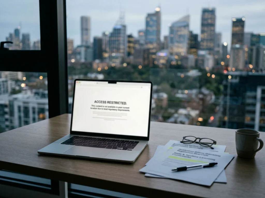 Australian regulatory documents beside a laptop showing a generic blocked-site notice