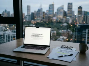 Australian regulatory documents beside a laptop showing a generic blocked-site notice