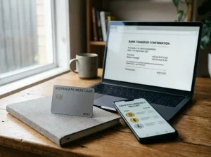 Payment card, bank transfer screen and cryptocurrency wallet arranged on a desk