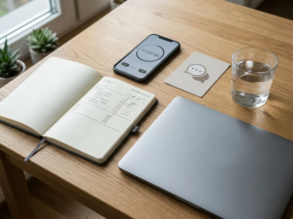 Phone timer, notebook budget, closed laptop and neutral support-chat symbol arranged on a desk