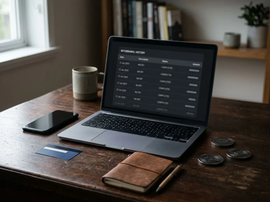 Laptop with a generic withdrawal ledger, bank card, phone wallet and abstract cryptocurrency token shapes on a desk